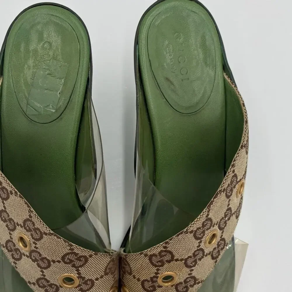 8.5 Vintage Gucci GG Monogram Canvas PVC Green & Brown Mules